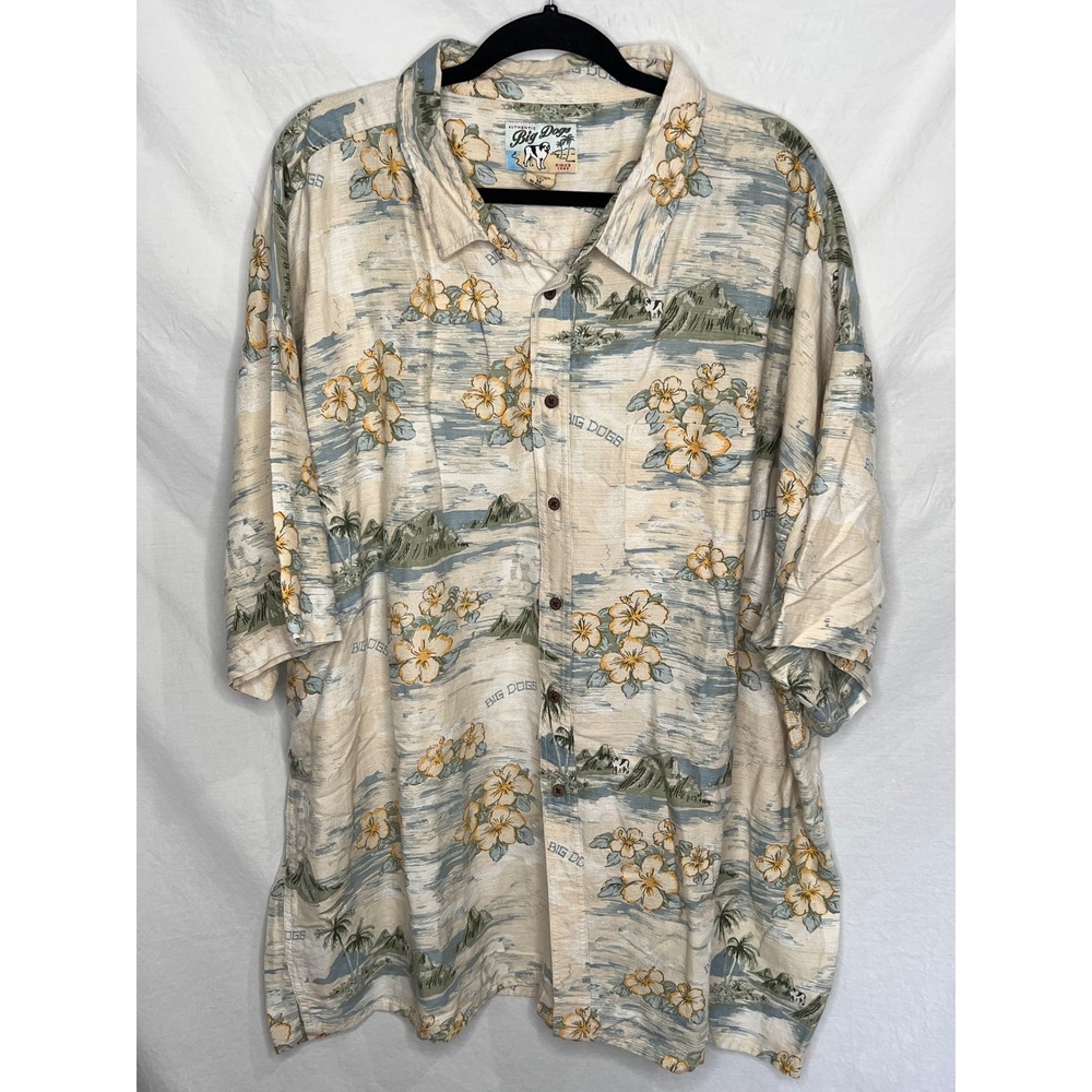 Y2K Big Dogs Shirt Mens 5X Hawaiian Floral Mountains Dog Rayon Camp Button Up